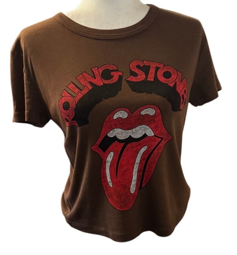 Daydreamer Rolling Stones Tongue Graphic Crop Tee Brown Size Small Made in USA